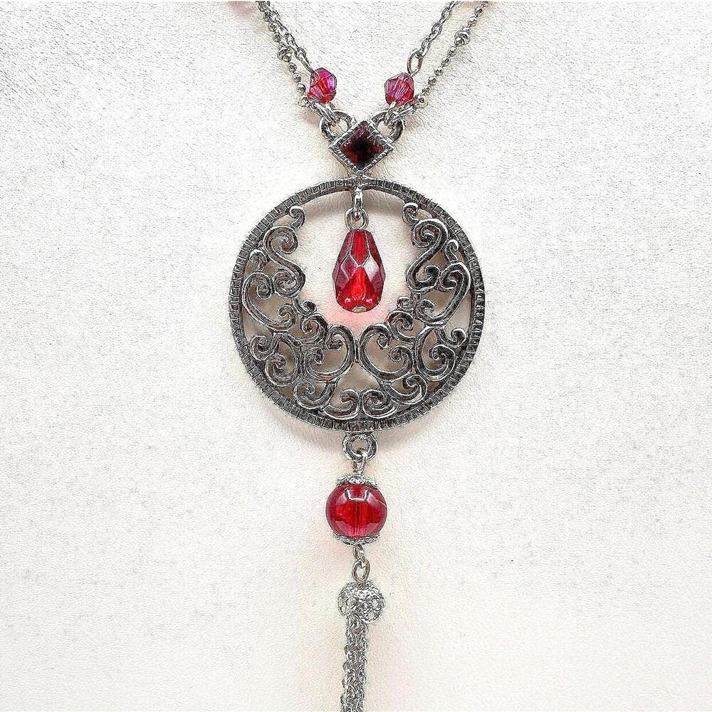 Vintage Y2K Cookie Lee Red Stone Necklace Gold Tone Filigree Tassel Statement